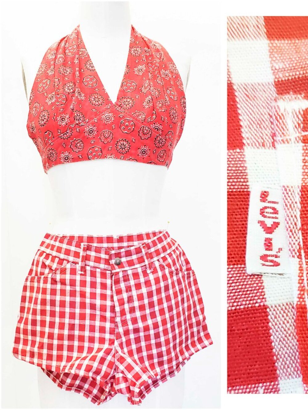 1970's Levi's Women's Vintage Red Gingham  Shorts. Low Cut. Original 28.5